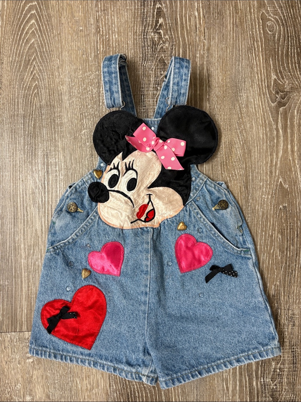 Vintage Oshkosh Denim Minnie Mouse Heart Appliqué Overalls